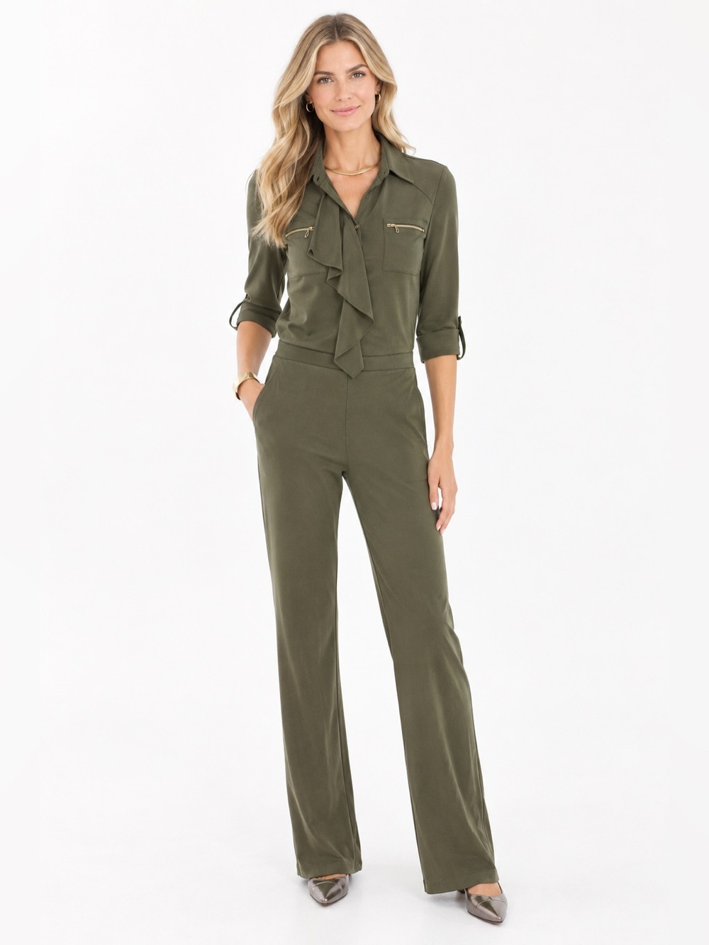 New Chico's Utility Ruffle Jumpsuit Size 2 (L) Olive Green Long sleeve Career
